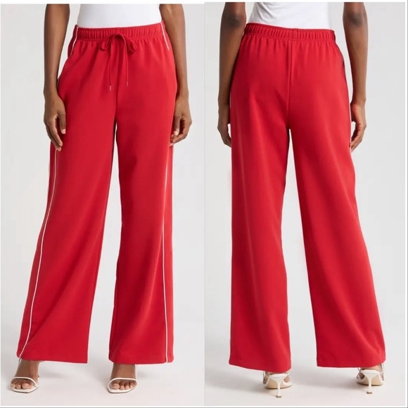 NEW WAYF Womens London Track Pant Red with White Pipping Wide Leg - Picture 1 of 10